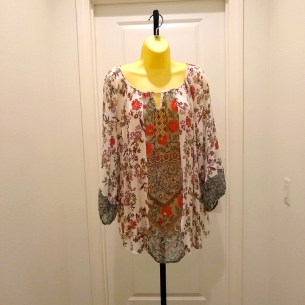 Style & Co Long Sleeve Pullover Peasant Top Blouse Cream Autumn Floral XL
